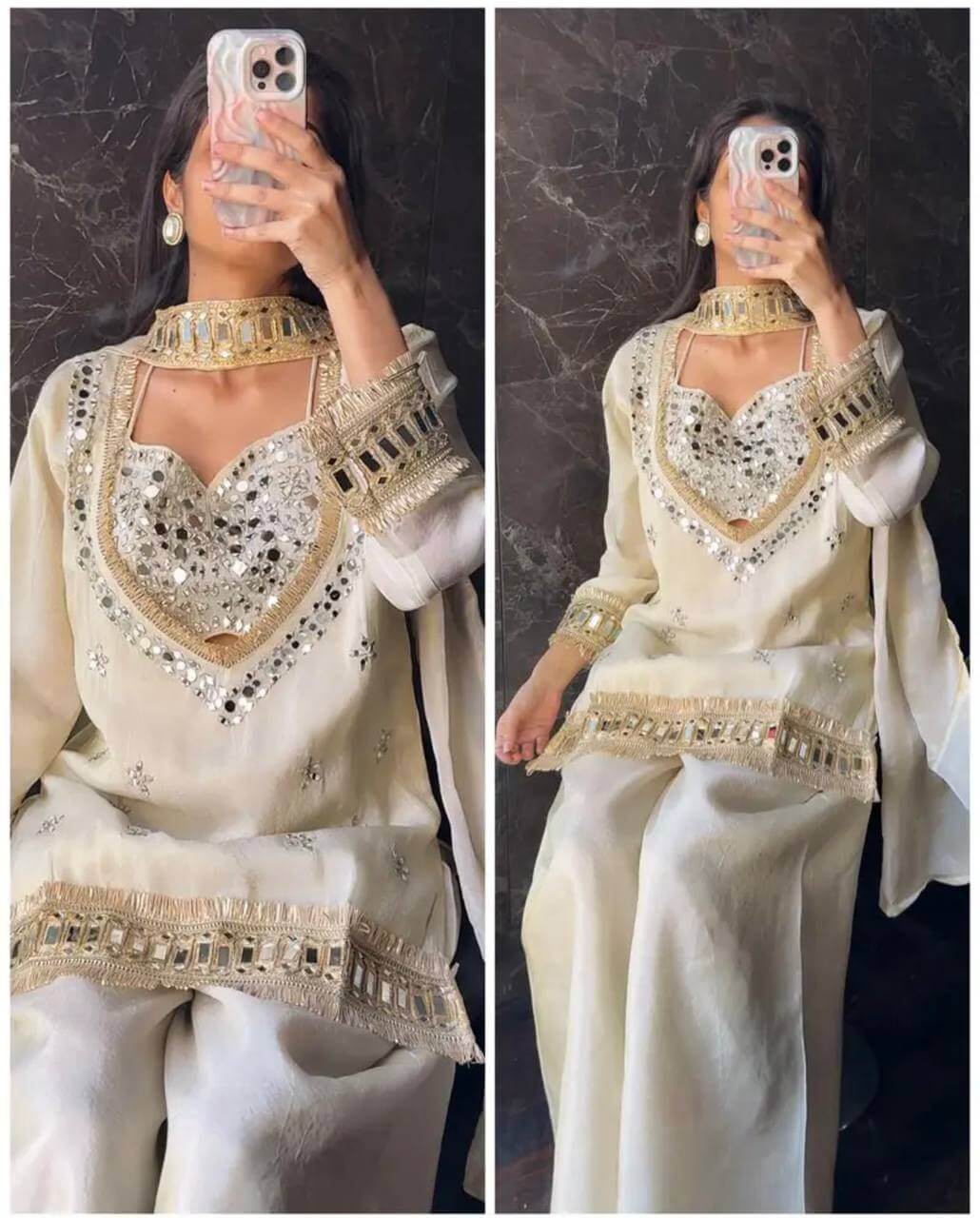 White mirror work kurta set